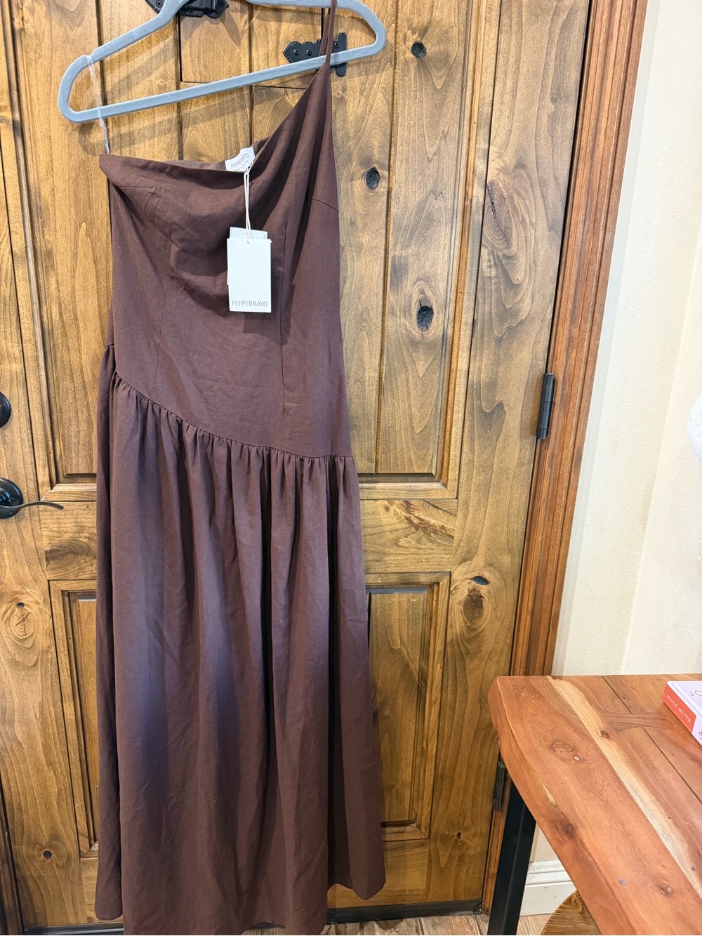 Peppermayo One-Shoulder Brown linen Maxi Dress sz small - Picture 2 of 3